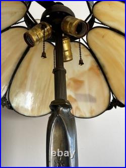 Vintage Victorian Style Stained Slag Glass 3 Light Parlor Tulip Table Lamp 23