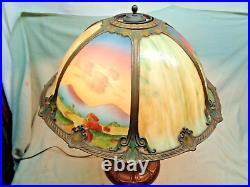 Vintage Victorian Table Lamps with Landscapes & Slag Glass Lamp Shade