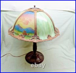 Vintage Victorian Table Lamps with Landscapes & Slag Glass Lamp Shade
