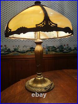 Vintage, Working, Large, Bent Carmel Slag Glass, Two Socket Elec, Table Lamp