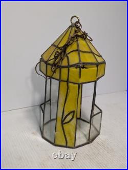 Vintage Yellow Slag Glass Hanging Terrarium Lamp, Stained Glass