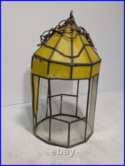 Vintage Yellow Slag Glass Hanging Terrarium Lamp, Stained Glass