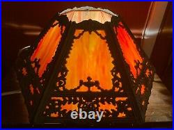 Vintage, antique, hexagonal slag glass lamp shade, orange red