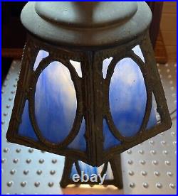 Vintage blue panel marbled stained slag glass lamp ornate
