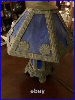 Vintage blue panel slag glass lamp ornate