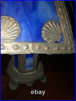 Vintage blue panel slag glass lamp ornate