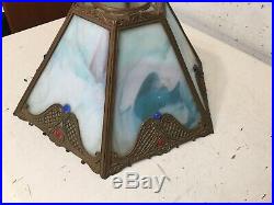 Vintage or Antique Slag Glass 6 Panel Lamp Shade With Blue Purple Tinted Glass