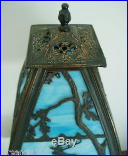 Vintage table lamp with blue slag glass and stag design