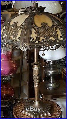 Vntg art deco tiffany style slag glass lamp & Lampshade old base old shade