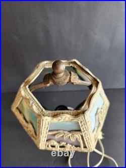 Vtg 6 Panel Marbled Slag Glass Boudoir Lamp Art Nouveau Oasis Cast Metal Works