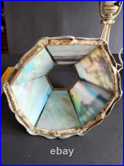 Vtg 6 Panel Marbled Slag Glass Boudoir Lamp Art Nouveau Oasis Cast Metal Works