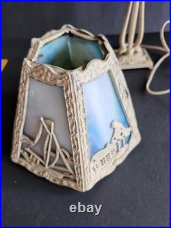 Vtg 6 Panel Marbled Slag Glass Boudoir Lamp Art Nouveau Oasis Cast Metal Works