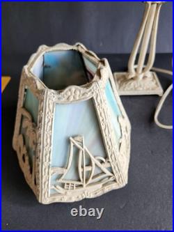 Vtg 6 Panel Marbled Slag Glass Boudoir Lamp Art Nouveau Oasis Cast Metal Works