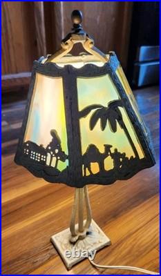 Vtg 6 Panel Marbled Slag Glass Boudoir Lamp Art Nouveau Oasis Cast Metal Works
