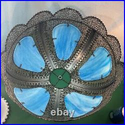 Vtg ANTIQUE Metal Filigree BEAUTIFUL Flowers SKY BLUE SLAG Glass Lamp Shade ONLY