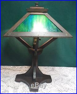 Vtg Antique 4 Panel Green Slag Glass Arts & Crafts Mission Lamp Dark Wood
