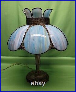 Vtg Antique 8 Bent Blue Slag Glass Panels Table Lamp 2 Socket Pull Chain Tulips