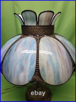 Vtg Antique 8 Bent Blue Slag Glass Panels Table Lamp 2 Socket Pull Chain Tulips