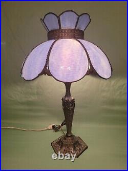 Vtg Antique 8 Bent Blue Slag Glass Panels Table Lamp 3-way Lion Heads Tulips