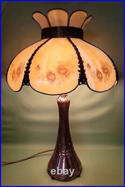 Vtg Antique 8 Cream Bent Slag Glass Panel Lamp Brown Flowers 3 Socket Pull Chain