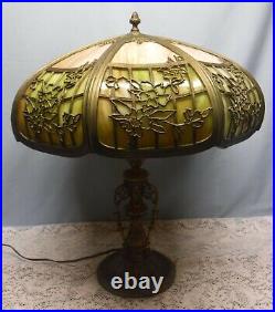 Vtg Antique Art Nouveau 16 Panel Curved Slag Glass Filigree Overlay Table Lamp