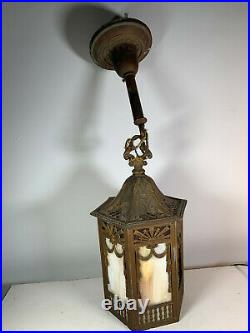 Vtg Antique Arts & Crafts Panel Slag Glass Hanging Lamp Light Fixture As Is