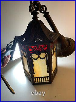 Vtg Antique Arts & Crafts Panel Slag Glass Hanging Lamp Light Fixture As Is