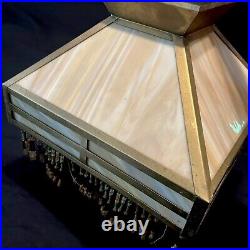 Vtg Antique Caramel Slag Glass Mission Art Deco Beaded Tassel Lamp Shade 12