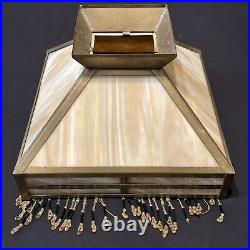 Vtg Antique Caramel Slag Glass Mission Art Deco Beaded Tassel Lamp Shade 12