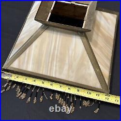 Vtg Antique Caramel Slag Glass Mission Art Deco Beaded Tassel Lamp Shade 12