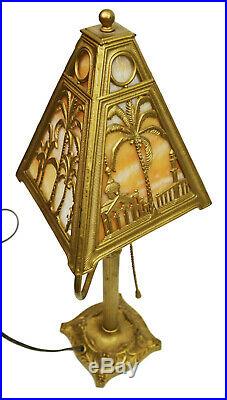 Vtg Antique Stained Scenic Slag Glass Lamp Palm Trees Gold Ornate Parlor Accent