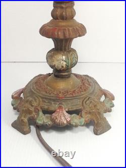 Vtg Art Deco Era Uranium Slag Glass Spacer Orb Polychrome Cast Iron Table Lamp