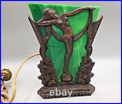 Vtg Art Deco Nude Lady Scarf Dancer Metal Table Lamp with Green Slag Glass