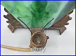 Vtg Art Deco Nude Lady Scarf Dancer Metal Table Lamp with Green Slag Glass