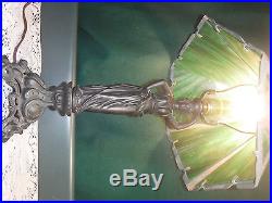 Vtg Art Nouveau Deco Green Slag Glass 6 Panel Table Lamp Goddess Lady Base