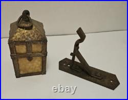 Vtg Arts Crafts Mission Lantern Sconce Slag Glass Brass Hanging Bracket Light