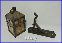 Vtg Arts Crafts Mission Lantern Sconce Slag Glass Brass Hanging Bracket Light
