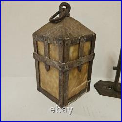 Vtg Arts Crafts Mission Lantern Sconce Slag Glass Brass Hanging Bracket Light