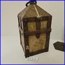 Vtg Arts Crafts Mission Lantern Sconce Slag Glass Brass Hanging Bracket Light