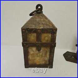 Vtg Arts Crafts Mission Lantern Sconce Slag Glass Brass Hanging Bracket Light