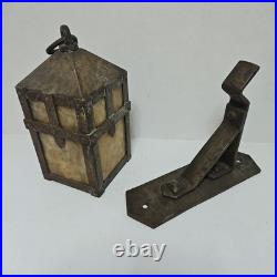 Vtg Arts Crafts Mission Lantern Sconce Slag Glass Brass Hanging Bracket Light