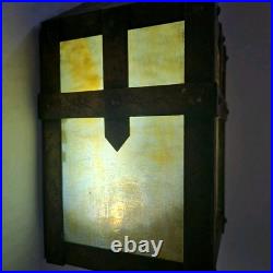 Vtg Arts Crafts Mission Lantern Sconce Slag Glass Brass Hanging Bracket Light