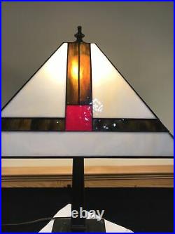 Vtg Arts & Crafts Mission Stained Iridescent Slag Glass Shade Bronze Table Lamp
