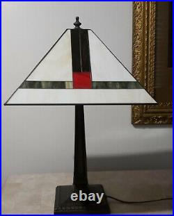 Vtg Arts & Crafts Mission Stained Slag Glass Shade Bronze Table Lamp