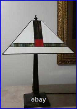 Vtg Arts & Crafts Mission Stained Slag Glass Shade Bronze Table Lamp