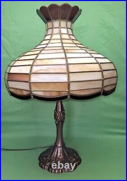 Vtg Brown Tan Slag Glass 168 Sections Table Lamp Double Socket Pull Chain