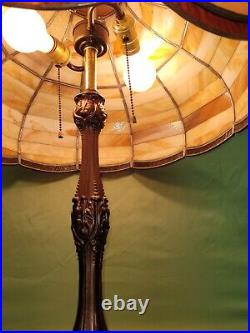 Vtg Brown Tan Slag Glass 168 Sections Table Lamp Double Socket Pull Chain