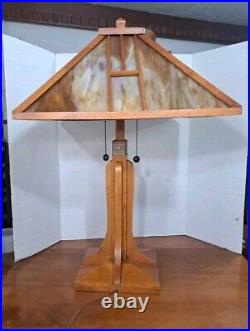 Vtg Dale Tiffany Arts & Crafts Mission Slag Table Lamp 28 Wood Stained Glass Vtg Dale Tiffany Arts & Crafts Mission Slag Table Lamp 28 Wood Stained Glass