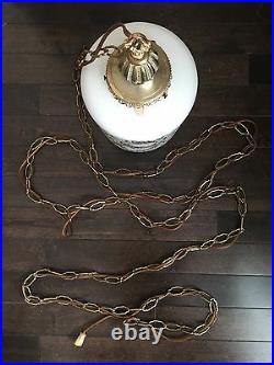 Vtg Frosted Glass VV France Hanging Lamp Light Gold Leaf Bronze Retro Decor Slag