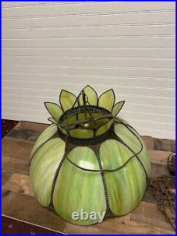 Vtg GREEN STAINED SLAG GLASS HANGING Lamp Tiffany Style Light Chandelier
